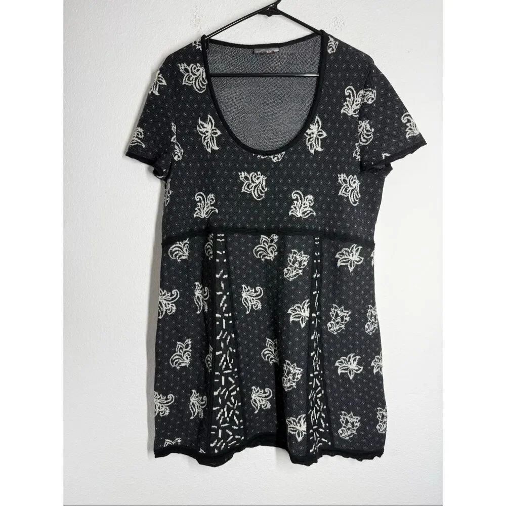 European Boutique Black White Knit Boho Babydoll Tunic Dress Size XL